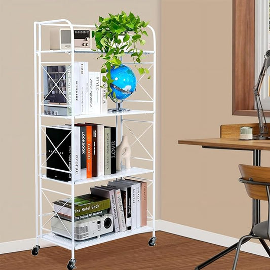 Foldable 4-Tier Metal Shelf with Wheels - Folding Bookshelf Unit for Living Room, Kitchen, Study 12.6" D x 23.6" W x 46.8" H, Glossy White