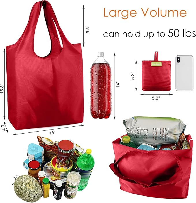 BeeGreen Foldable Travel Bag Reusable Shopping Bags for Groceries - 6 Pack Large Collapsible Bags - Lightweight Machine Washable Tote Bags - Colorful Kitchen Grocery Bags (Red, Orange, Green)-NeatNest