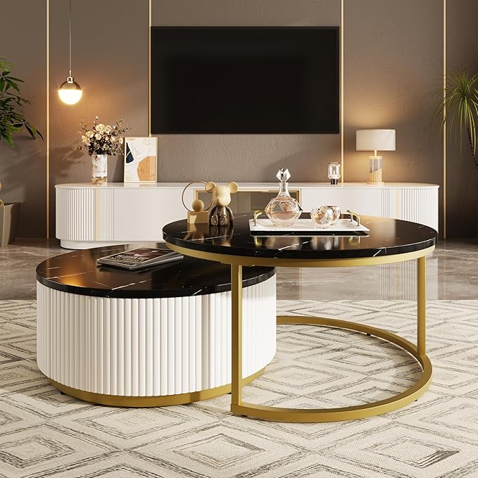 27.6" Lift-Top Nesting Coffee Table Set of 2, Modern Round Coffee Table with Drawer, Circular Wood Center Table Set for Living Room, Apartment, Black & Gold
