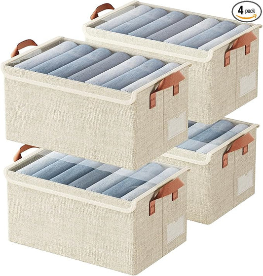 AARAINBOW Stackable Clothes Organizer Bins, 4 Packs Fabric Storage Bins with Lids, Metal Frame Fabric Boxes Foldable Closet Container for Organizing Clothes Toys, 23L (Beige)-NeatNest