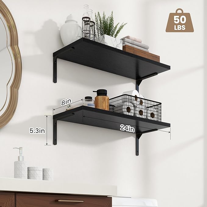 Fun Memories Deep Floating Shelves, 24W x 8D Floating Shelves Set of 2, Wall Mounted Shelf with Metal Brackets, Rustic Wood Wall Shelf for Bathroom, Kitchen and Living Room, Black-NeatNest