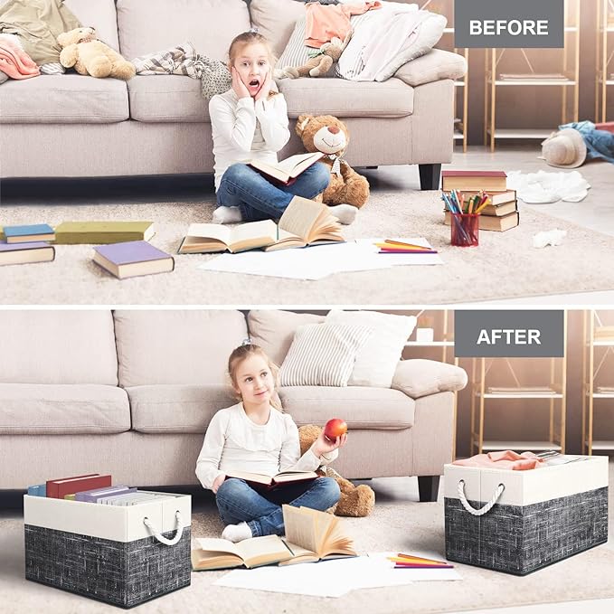 Fab totes Storage Bins [6-Pack], Foldable Storage Baskets for Organizing Toys, Books, Shelves, Closet, Large Storage Box with Rope Handles, Sturdy Organizer Bins, White & Black-NeatNest