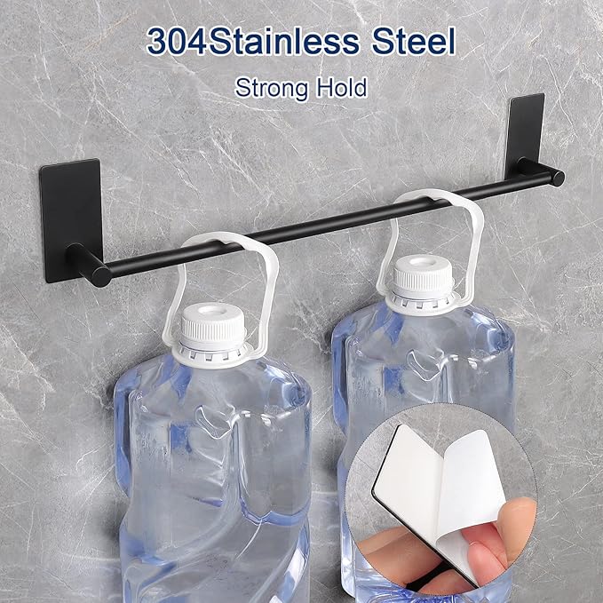 NearMoon Self Adhesive Bathroom Towel Bar- Stainless Steel Bath Wall Shelf Rack Hanging Towel Stick On Sticky Hanger Contemporary Style, NO Drilling (2 Pack, Matte Black, 16-Inch Towel Rack)