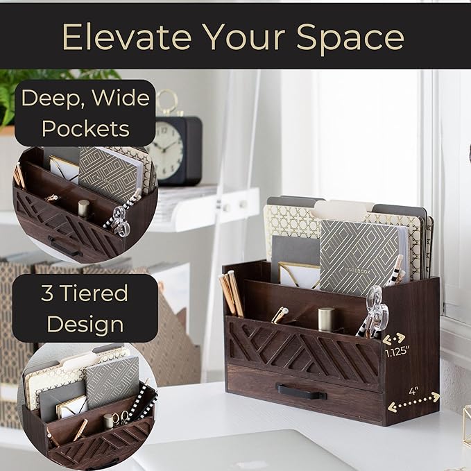 BLU MONACO Mail Organizer for Desk – Brown Wooden Mail Sorter with Drawer and 6 Compartments – Rustic Letter Organizer with Black Handle – Desktop File Holder for Home Office, Entryway, or Kitchen-NeatNest