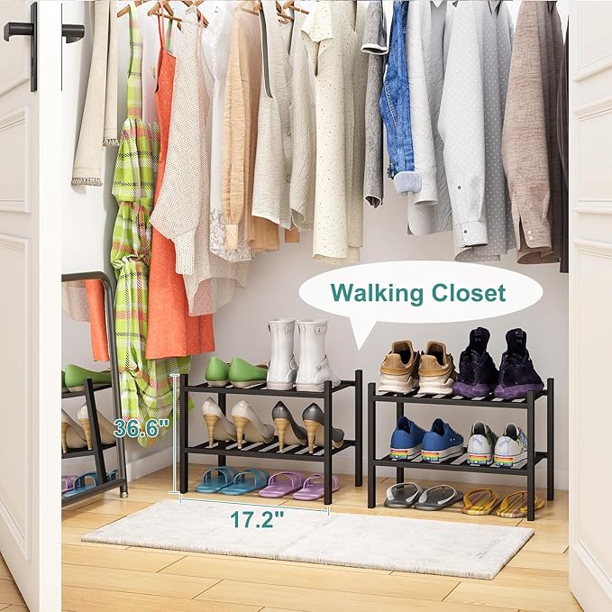 Black Small Shoe Rack for Entryway,2-Tier Bamboo Shoe Organizer for Hallway Closet, Free Standing Shoe Racks for Indoor Outdoor-NeatNest