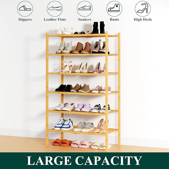 Smiry Shoe Rack, 6 Tier Thick Bamboo Shoe Organizer, Stackable Free Standing Wooden Shoe Storage Shelf for Closet, Entryway, Front Door Entrance, Natural-NeatNest