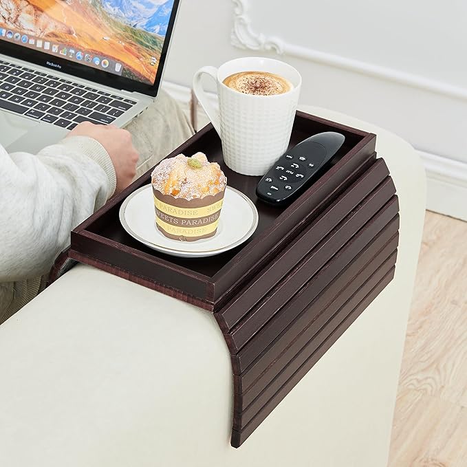 GEHE Bamboo Sofa Arm Tray, Foldable Couch Arm Tray Side Table, Anti-Falling Armrest Tables Cup Holder for Snacks, Drinks, Beers, Phone, Control, Flexible and Portable, Anti-Slip Bottom-NeatNest