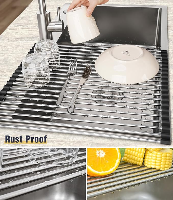 Tomorotec 21" x 15.5" Roll Up Dish Drying Rack Over Sink Drying Rack Sink Cover Kitchen Sink Accessories Gadget Multipurpose Organizer Foldable Stainless Steel Drainer