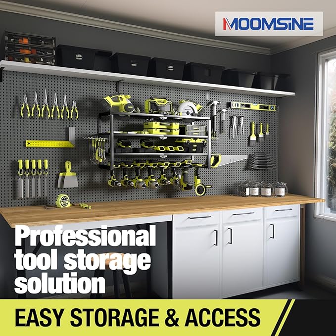 4 Layer Power Tool Organizer Wall Mount, Battery Tools Holder with Charging Station Shelf, Cordless Drill Hanger Storage Rack for Garage Organization, Workshop, Pegboard - 32 Inch 8 Slots