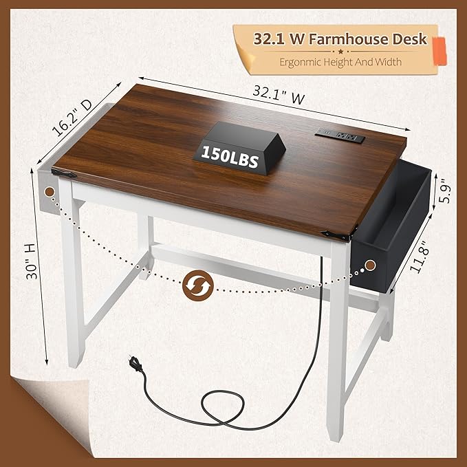 EnHomee 32 Inch Small Desk with Detachable Storage Bag, Modern Simple Computer Desk with Power Outlet, Study Writing Table for Small Spaces, Study Desks for Bedroom, Brown & White-NeatNest
