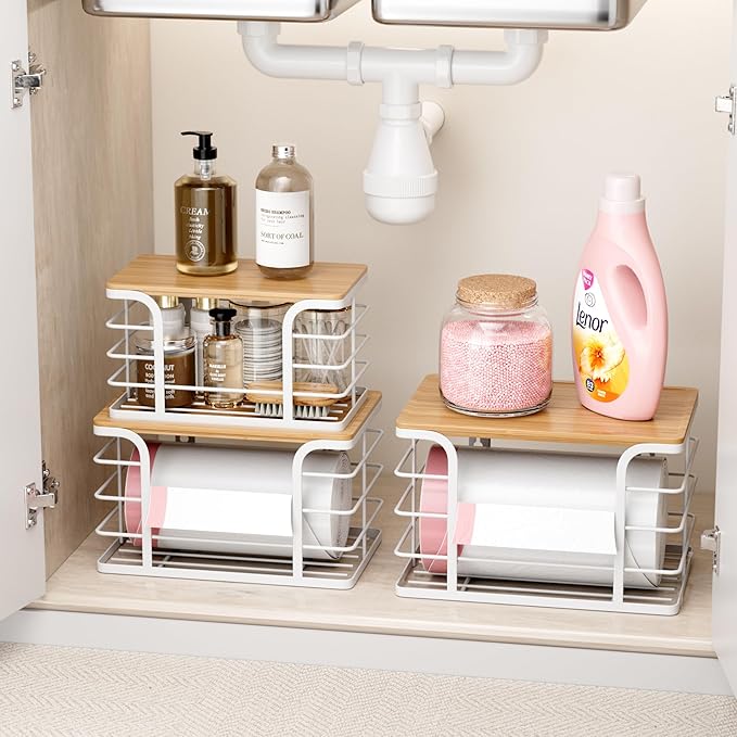 3 Pack Stackable Pantry Organizer,Stainless Steel Trash Bag Holder Dispenser,Kitchen Storage Organization for Kitchen Counter Sink,Laundry Room,Pantry, White-NeatNest