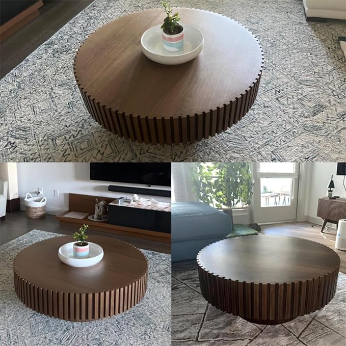 KEVINSPACE Coffee Table Round Small Coffee Tables for Living Room, Modern Mid Century Wood Walnut Wood Drum Fluted Circle Accent Center Fluted Brown Easy Assembly ø31.5''