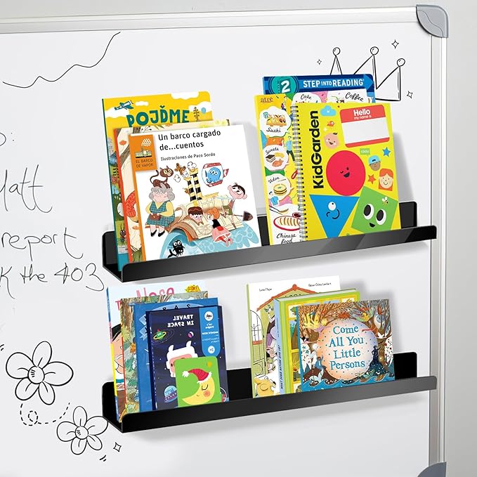2 Pack Magnetic Book Shelf - Acrylic Reusable Display Panel for Whiteboards, Classrooms & Home, Adhesive-Free Storage with 11lb Capacity (Black)