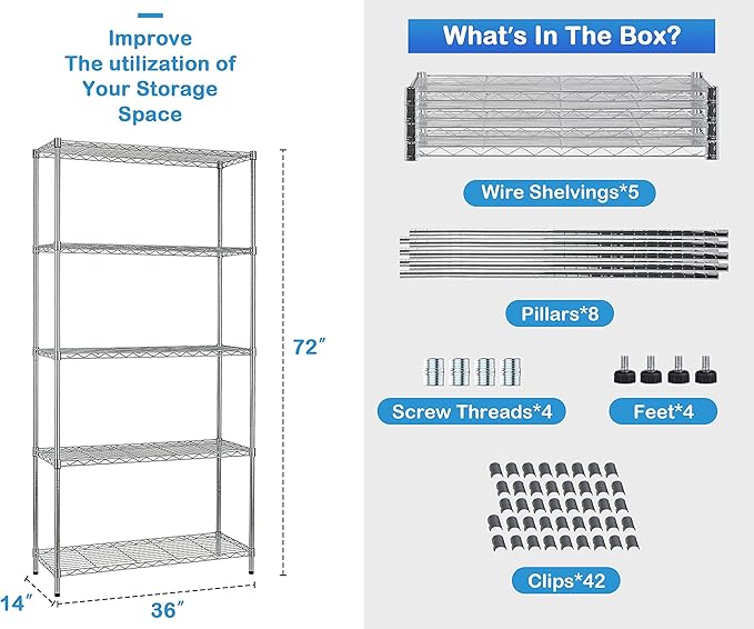 5-Tier Metal Wire Shelving Unit Snack Shelf Height Adjustable Storage Rack NSF Certified Storage Shelves 1250 Lbs Capacity Standing Utility Shelf for Laundry Kitchen Pantry Garage Organization