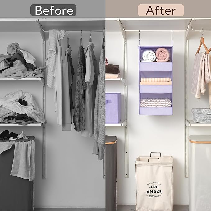 GRANNY SAYS 3 Shelf Hanging Closet Organizers and Storage, Collapsible Closet Storage Organizer with 2 Metal Hooks, Leak-Proof Hanging Shelves for Nursery, Kids Room, Bedroom, 1 Pack, Purple-NeatNest