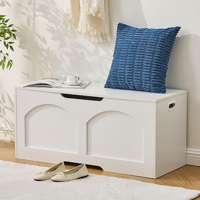 39.4" Storage Chest, Wooden Storage Bench Trunk, Upgraded Safety Lift Support Hinge, Large Entryway Bench Box, Supports 330 lb U-Shaped Opening for Entryway, Hallway, Living Room, White