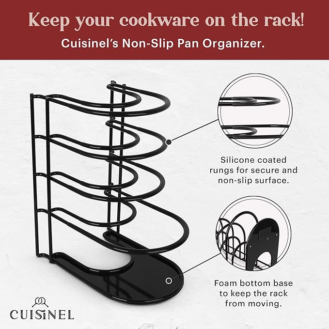Cuisinel Pots and Pans Organizers - 2-Pack of Silicone-Coated Non-Slip 12" Heavy Duty Skillet Rack - Kitchen Organization Storage - Holds Cookie Sheets, Cutting Boards, Cast Iron Cookware, Dish Stand-NeatNest