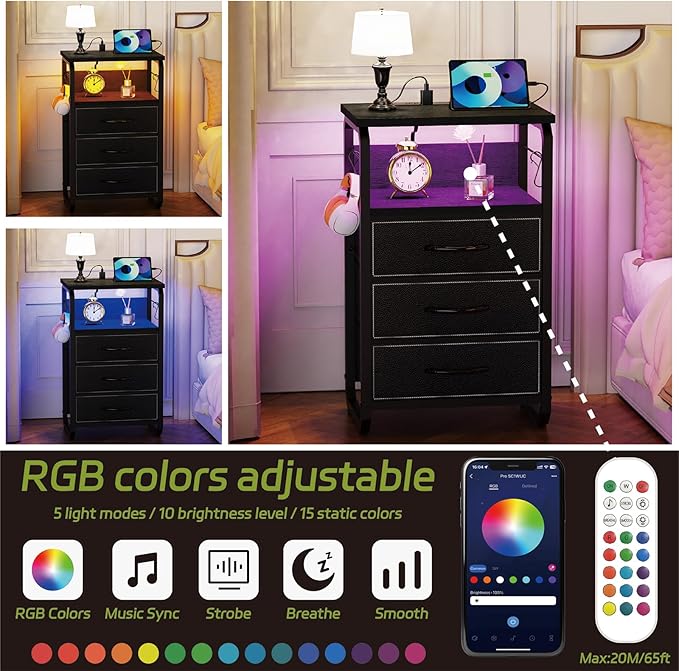 Tall Nightstand Set of 2 with Charging Station, Bed Side Tables Bedroom Set of 2, Black Night Stand Set 2, Bedside Table with 3 Fabric Drawers, Night End Table with Storage for Bedroom, Dorm