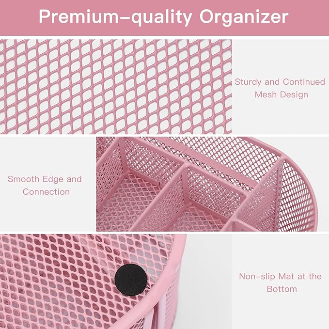 EOOUT Pink Desk Organizer, Pen Holder for Desk and Accessories, Mesh Desk Organizer with 8 Compartments and 1 Drawer for Office Home School Classroom-NeatNest