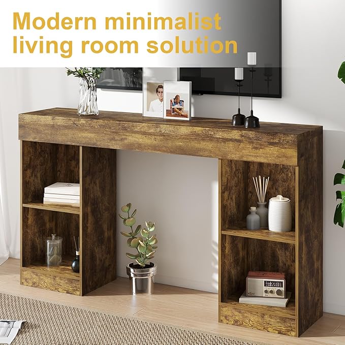 55 Inches Console Table,4 Cubes Narrow Entryway Table,3 Tier Wood Behind Couch Sofa Table,TV Console with Storage for Living Room,Hallway,Entrance,Foyer (Bright Brown)-NeatNest