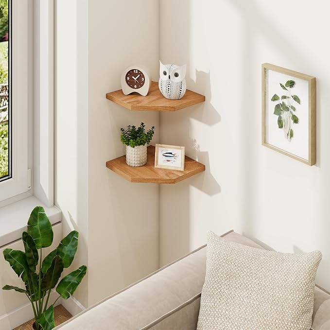 Fun Memories Corner Shelf Wall Mount, Solid Oak Wood Floating Corner Shelves with Cable Hole, 8.5in Rustic Design for Bedroom, Bathroom, Kitchen, Living Room (Natural, 1 Pack)-NeatNest
