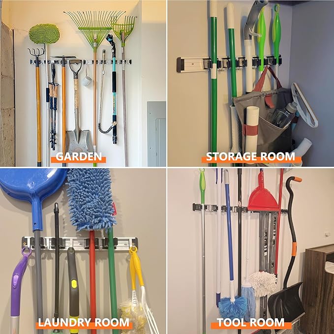 Broom Holder Wall Mount Mop and Broom Hanger Wall Mounted Garage Storage Rack Kitchen Garden Tool Organizer (4 Racks with 5 Hooks, Black)-NeatNest