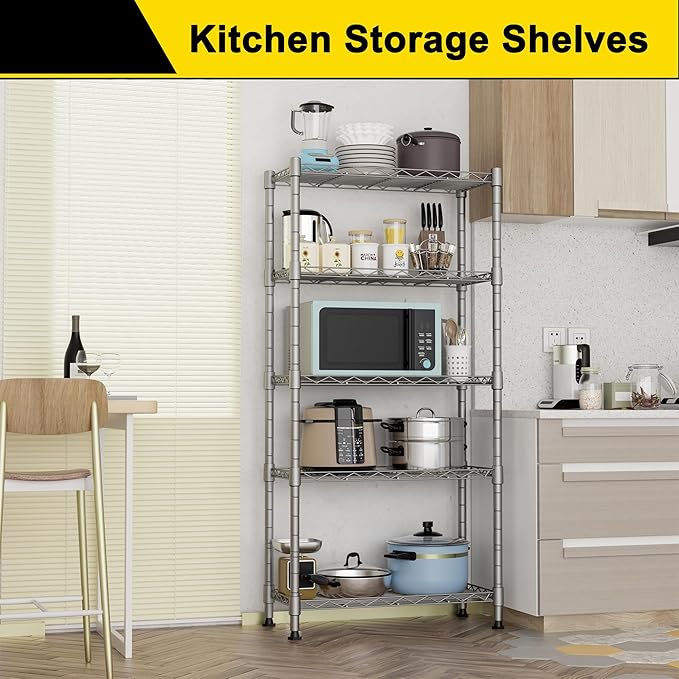 GIOTORENT 5-Wire Garage Shelving Storage Shelves, Kitchen Storage Adjustable Shelf, Metal Shelves 500Lbs Capacity 21" L x 11.8" W x 53.8" H for Laundry Bathroom Pantry Closet, Grey