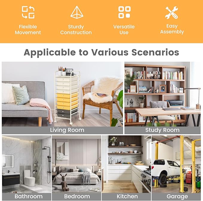 COSTWAY 10-Drawer Rolling Storage Cart, Utility Mobile Trolley with Removable Drawers & Universal Casters & 2 Brakes, Versatile Flexible Drawer Organizer Cart for Home, Office (Yellow)-NeatNest