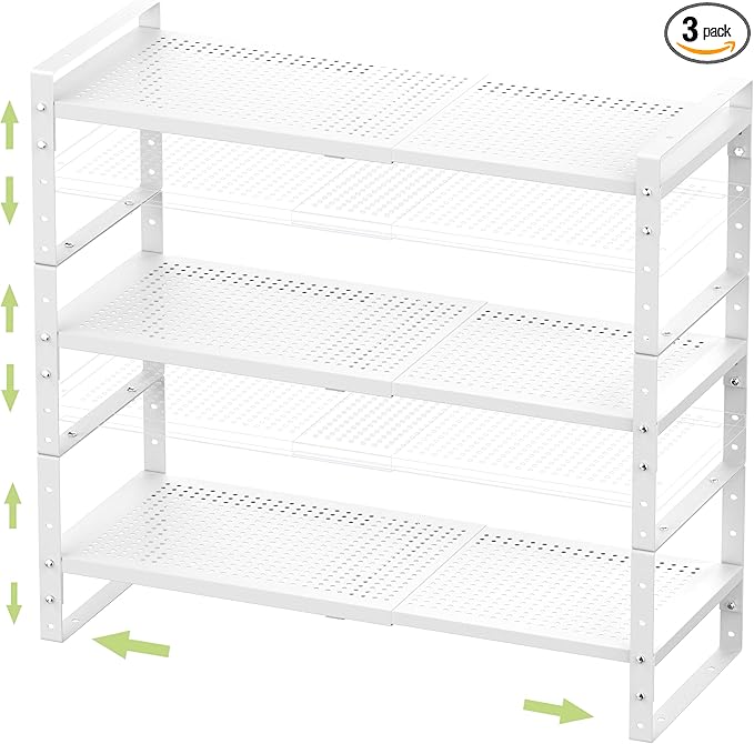Expandable Stackable Aadjustable Shoe Rack Pantry Shelf for Kitchen Cabinets Counter Shelves Countertop Cupboard Storage Solution,Sturdy Heavy-Duty Metal Construction(3Packs/White/Medium)-NeatNest