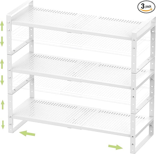 Expandable Stackable Aadjustable Shoe Rack Pantry Shelf for Kitchen Cabinets Counter Shelves Countertop Cupboard Storage Solution,Sturdy Heavy-Duty Metal Construction(3Packs/White/Medium)-NeatNest