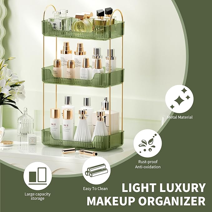 3 Tier Bathroom Organizer Countertop Makeup Perfume Tray Skincare Organizer for Bathroom Dresser Vanity (Green)-NeatNest