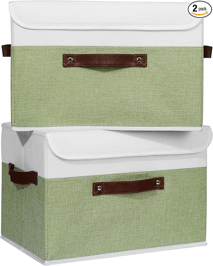 ANMINY 2PCS Storage Boxes with Lid Washable Decorative Storage Bins Basket with PU Leather Handle Foldable Linen Fabric Storage Cubes Containers for Home Closet Organizer - Green White, Large Size-NeatNest