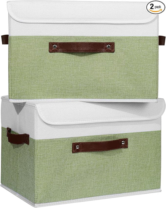 ANMINY 2PCS Storage Boxes with Lid Washable Decorative Storage Bins Basket with PU Leather Handle Foldable Linen Fabric Storage Cubes Containers for Home Closet Organizer - Green White, Large Size-NeatNest