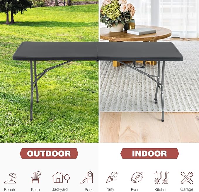 Folding Table 6 FT Heavy Duty Plastic Foldable Table with Carrying Handle for Garden Party Picnic Camping BBQ Dining Kitchen Wedding Market Events, Black-NeatNest