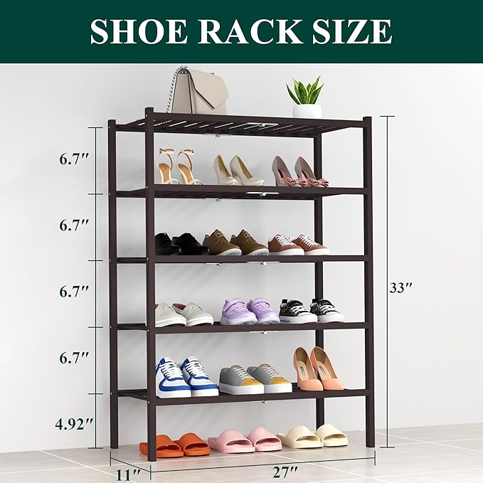 Smiry Shoe Rack, 5 Tier Thick Bamboo Shoe Organizer, Stackable Free Standing Wooden Shoe Storage Shelf for Closet, Entryway, Front Door Entrance, Brown-NeatNest