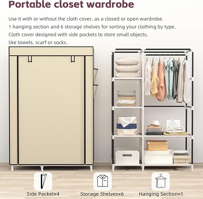 Calmootey Portable Closet Organizers, Clothing Storage, Wardrobe with 6 Shelves and Hanging Rod, Non-Woven Fabric Cover with 4 Side Pockets, Beige-NeatNest