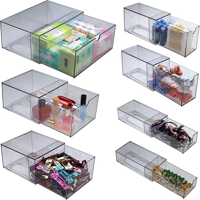 7 Pack Acrylic Makeup Organizer Clear Stackable Storage Drawers Tall Acrylic Bathroom Makeup Organizer for Cosmetic,Beauty Supplies,Ideal for Vanity, Undersink,Cabinet,Desk Home Organization-NeatNest