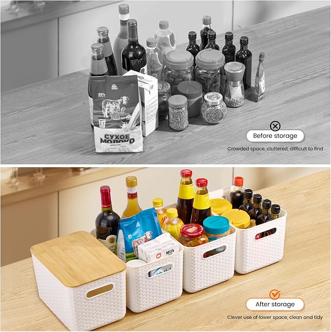4 Packs Storage Bins with Bamboo Lids - Plastic Storage Containers with Lids Stackable Storage Box：Storages Baskets for Organizing Desktop Closet Playroom Classroom Office,White