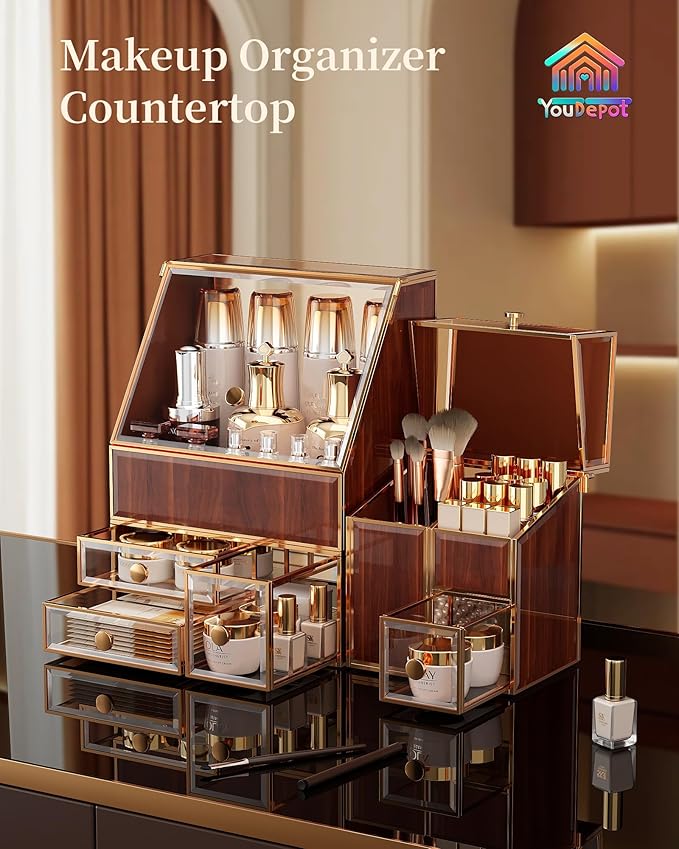 Glass Makeup Storage for Vanity and Bathroom Countertop – Large Cosmetic Display Case and Skincare Storage Solution