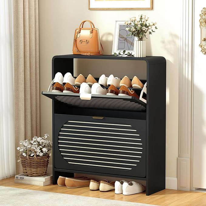 Narrow Shoe Storage Cabinet for Entryway with 2 Flip Drawers, Curved Edge Shoe Cabinet with Arched Stripe Panel, Freestanding Wood Shoe Organizer Closed Shoe Rack for Hallway, Foyer (Black)-NeatNest