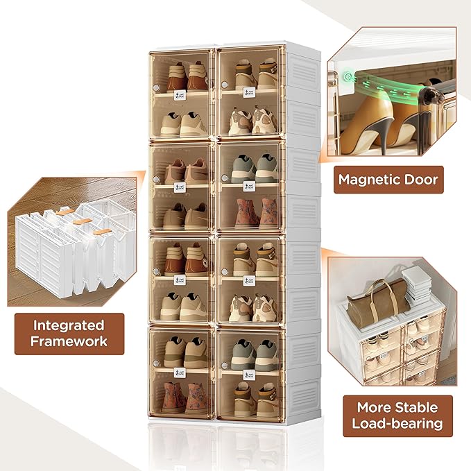 ANTBOX Shoe Organizer Storage Box, Portable Folding Shoe Rack For Closet With Magnetic Clear Door,Large Sneaker Cabinet Bins Sturdy Easy Assembly 8 Layers-16 Grids-NeatNest