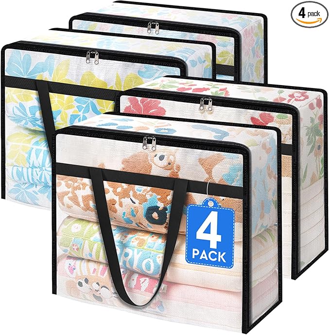 4 Pack Clear Storage Bags for Comforter, Clothes & Bedding, Plastic Blanket Storage with Zipper and Handle, Moving Bags, Closet Organizer and Under-Bed Storage (90L)-NeatNest