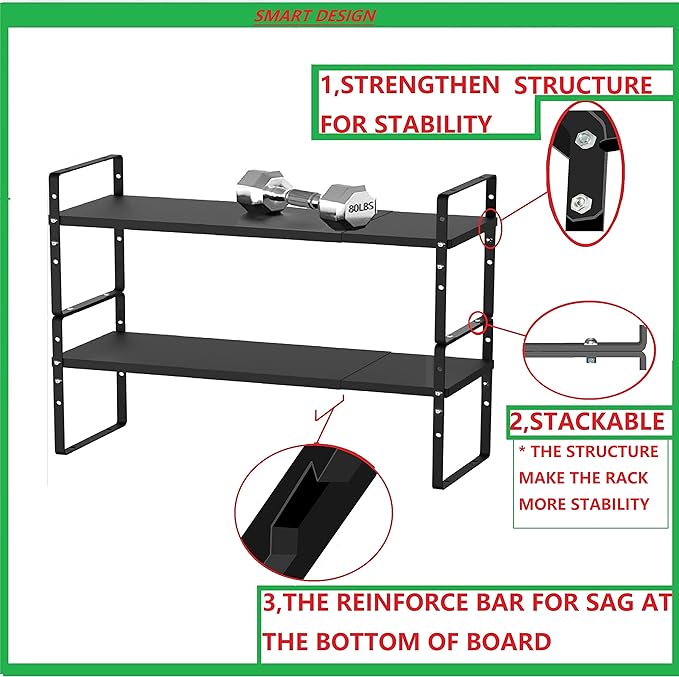 Expandable Stackable Spice Rack Cabinet Shelf Organizer in Cabinets Shelves Kitchen Cupboard Organization Stack up Racks Pantry Countertop Storage Large/Black 3 Packs