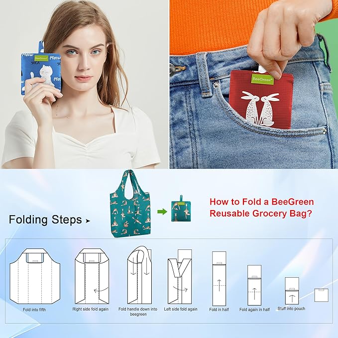 BeeGreen Reusable Grocery Bags 6 Pack, Heavy Duty Totes for Women, Foldable Grocery Bag Large Shopping Totes with Handles for Work, Travel, Gift, Store, Polyester Washable Reusable Tote Bag-NeatNest