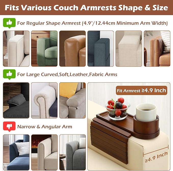 Couch Cup Holder Tray, 15.75" Bamboo Cup Holder for Couch, 3 in 1 Foldable Arm Chair Clip on Side Tray Table for Remote Snack Table on Armrest-NeatNest