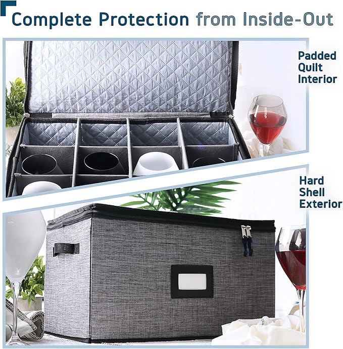 Hearth & Harbor Wine Glass Storage Box with Dividers, Quilted and Stackable Stemware Storage Cases, Service of 12 Glass China Container Hard Shell for Moving and Organization, Grey-NeatNest