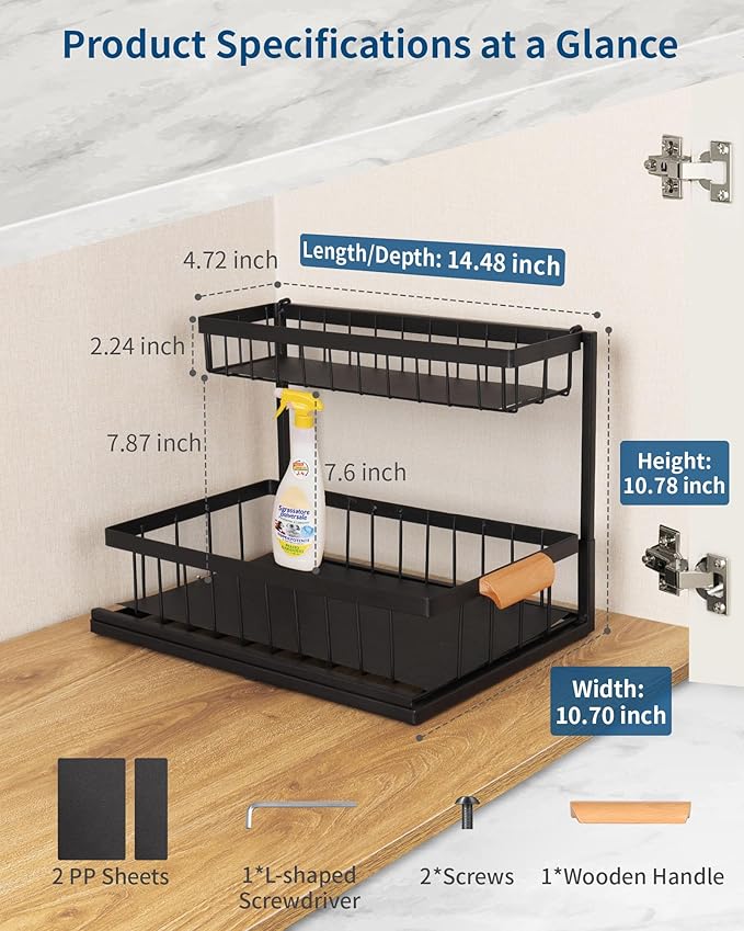 2 Pack Under Sink Organizer,Metal Pull Out Kitchen Cabinet Organizer with Sliding Drawer,Sturdy Multi-Functional for Bathroom Kitchen Organization,Black-NeatNest