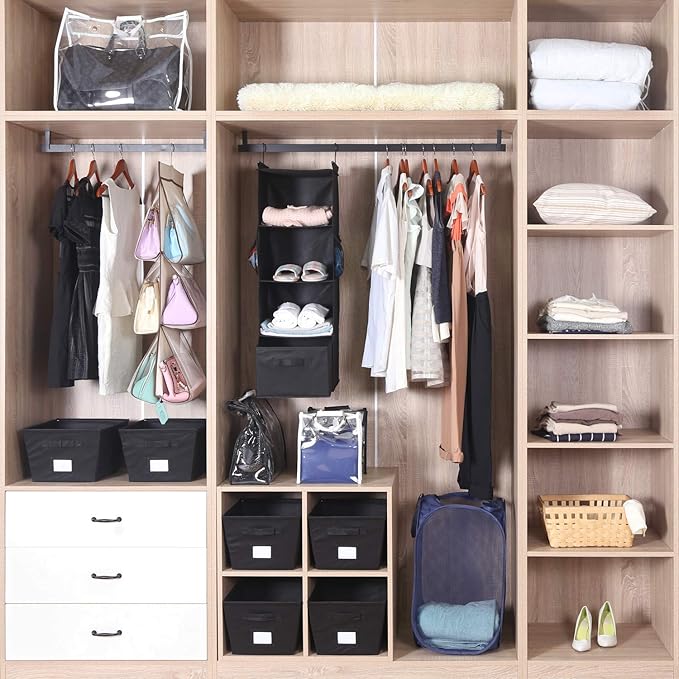 MAX Houser 4-Shelf Hanging Closet Organizer, Space Saver, Cloth Hanging Shelves with 2 Side Pockets, Foldable (Black)-NeatNest