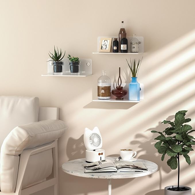 8 Inches White Small Shelves Acrylic, Wall Shelves for Living Room Décor, Bedroom, Bathroom, Kitchen, Dining Room, Brand Store, 2 Pack-NeatNest
