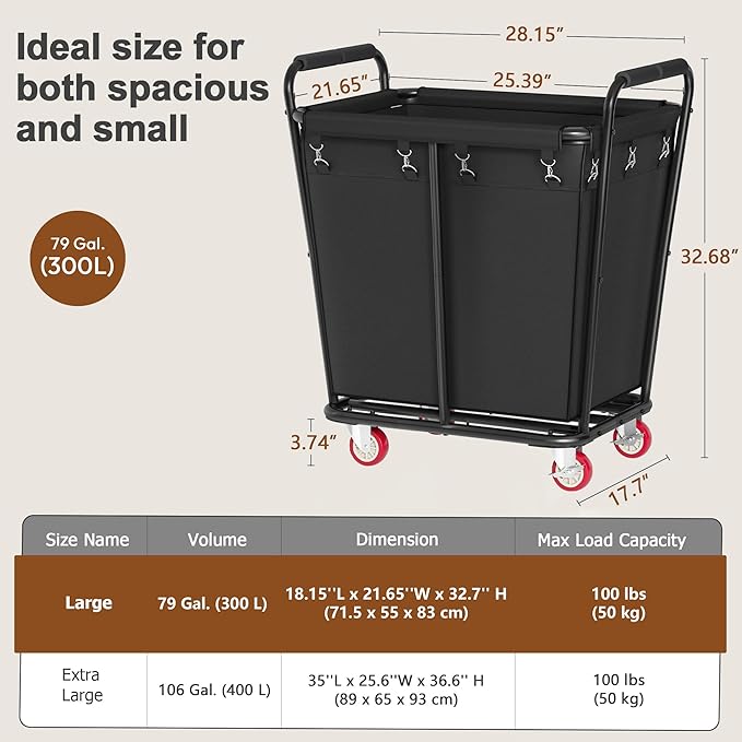 Hoctieon Large Laundry Cart with Wheels, 300L Heavy Duty Laundry Basket Organizer, Rolling Hamper Sorter for Clothes Storage, Industrial Dirty Clothes Hamper for Home & Hotel, Black-NeatNest